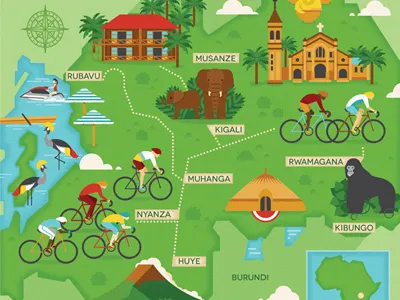 Tour of Rwanda africa birds church cycle elephant gorilla lake map mountain palms race route