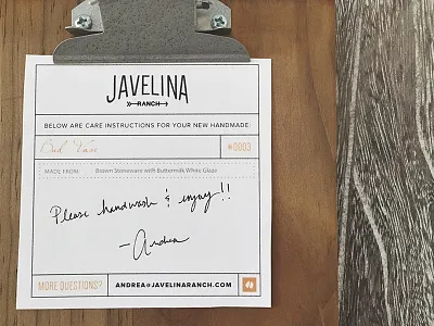 Javelina Ranch Product Care Card branding cards print