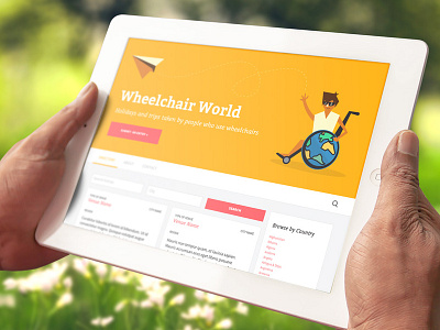 Wheelchair World blue and yellow design bright charity flat handsup homepage illustration mockup ui ux wheelchair world