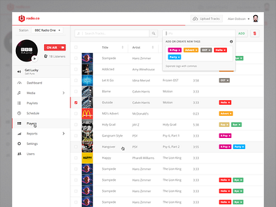 Radio.co App - Media (Songs) filter list media radio search songs tags tracks ui user experience user interface ux