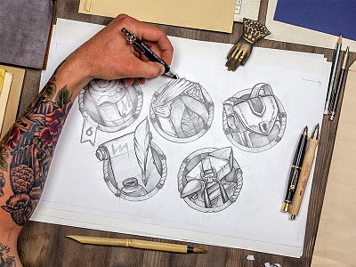 Drawings bag book bottle drawing fantasy hand icon paper pencil process rpg sketch