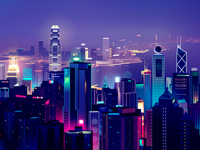 HK skyline architecture building city design futur illustration light logo neon retro skyline skyscraper trystram ui