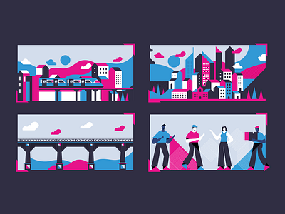 Brand / Animation illustrations animation assets blue brand branding buildings characters digital flat illustration pink storyboard vector