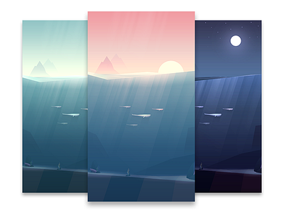 Whale Migration bettercompany illustration landscape light rays mountains sunset warm water whales