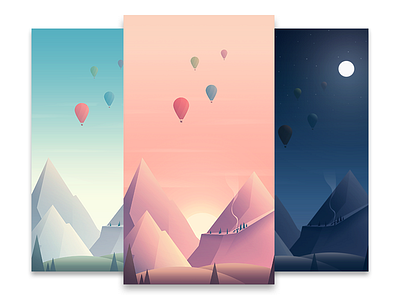 Balloon Expedition balloon composition illustration landscape mountains nature sky sunset village