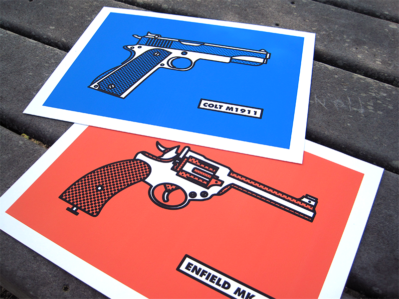 Allied Pistols 1940s allies american british guns halftone illustration prints world war ii ww2