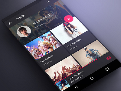 Profile Screen for Music App in Material Design album android app dark design material material designs music player profile screens ui