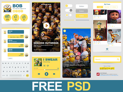 Freebie PSD : Minions Ui app despicable flat free freebie minions mobile movies ui kit yellow