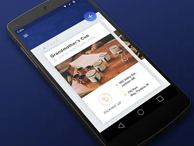 Android Card Listing android app blue card dots floating button google material listing mobile navigate photos shipping