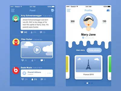 Milkmaid social network card clean feed flat illustration milk photo profile sketch social ui user