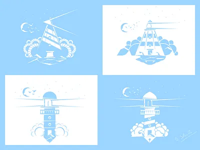 lighthouse shortstories blue house illustration light lighthouse negative shape shortstories water waves white