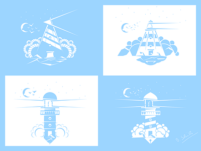 lighthouse shortstories blue house illustration light lighthouse negative shape shortstories water waves white