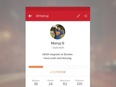 Zomato material design android design discovery food level material profile red restaurant stats user zomato