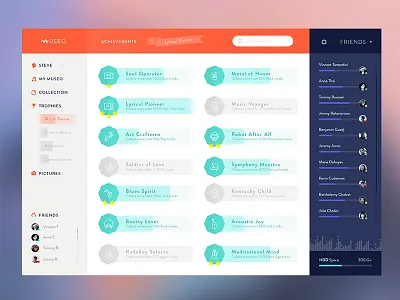 Museo™ - Achievements 🏆 dashboard flat interface menu minimal music orange profile purple ui ux webdesign
