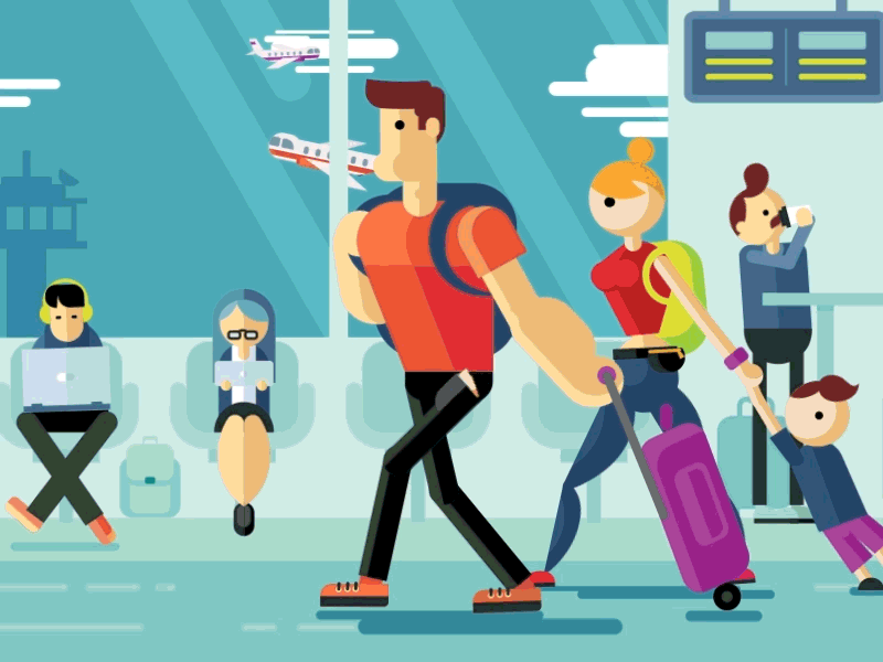 Travel_2.0 2d aftereffects airport animation coffee effects female flight gif laptop male travel