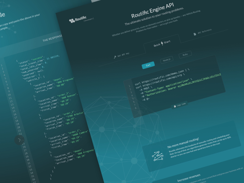 Routific API api app developers flat minimal responsive routing ui ux website