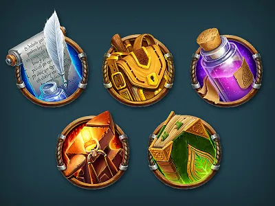 Game Icons bag book concept feather game icon illustration magic potion scroll spell