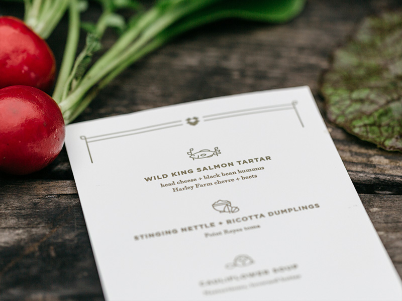 SF Design Week Dinner Menu delicious design dropbox fancy fish food gold illustration letterpress menu pie pig