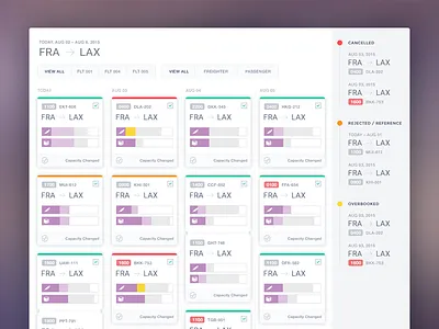 FRA to LAX (Rebound) bar graph filters flights freight logistics status ui ux volume weight