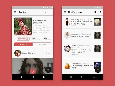 Social Music App Profile & Notifications Android android clean material design minimal neat