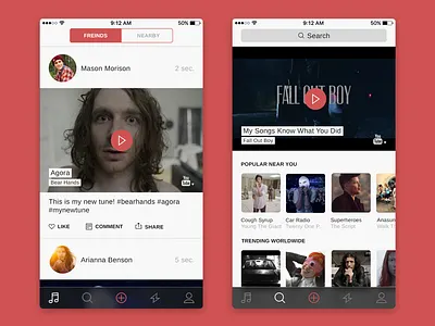 Social Music App Feed & Search clean flat ios iphone minimal social ui