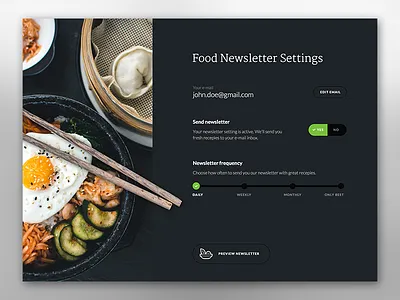 Food Newsletter dark food newsletter settings ui ux