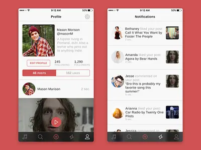 Social Music App Profile & Notifications clean flat ios iphone minimal social ui