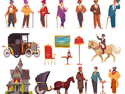 Gentlemen icons set aristocrats cartoon flat gentlemen illustration vector victorian