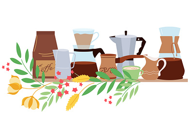 Coffee composition coffee flat illustration pots shelf vector