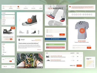 E-commerce UI Kit cart checkout e commerce facebook flat kit login rating ui ui kit video web