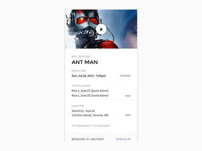 Movie Ticket (Card) card check in film flat mobile movie stub theatre ticket tile trailer ui