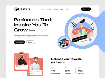 Podcast Web Site Design: Landing Page / Home Page UI audiobook conversation design inspiration designtalk landing page livepodcast microphone podcast podcast ui podcasting self development skill development spotify saas uiux video create web development