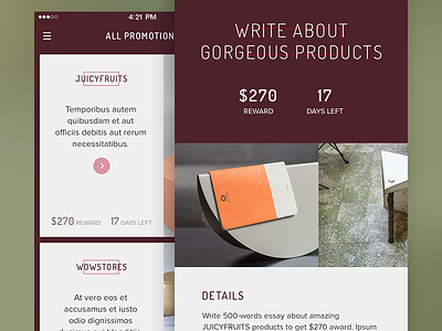 Promotions app design ecommerce ios minimal money photo reward