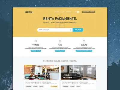 Llaveo homepage buttons cards department explore home house rental responsive ui web