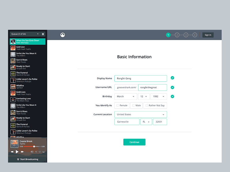 Grooveshark User Onboarding forms ftu grey grooveshark music onboarding player social step ui web