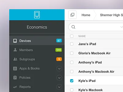 Mobile Device Management admin table