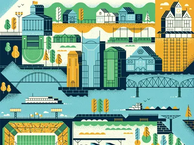 Nashville barge bridge buildings city lawn map nashville railway ship stadium trees