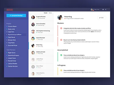 Stand Up agile app application columns dashboard interface project management sidebar stand up status ui web app
