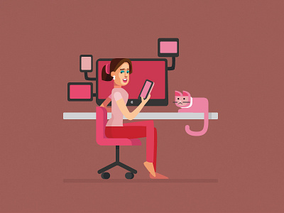 Digital cat desk digital display flat illustration monitor