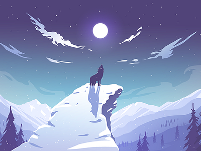 Wolf air alaska clouds illustration moon night tress winter wolf