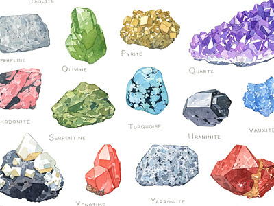 Minerals Alphabet, watercolor illustration geology illustration mineral painting watercolor