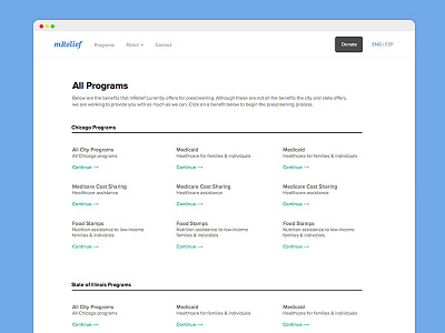 mRelief All Programs Page links product design simple