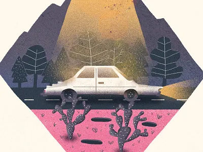 Blue Sequels - August / 011: Under a blinding beam of light blue sequels cactus car illustration light road