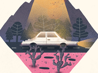Blue Sequels - August / 011: Under a blinding beam of light blue sequels cactus car illustration light road