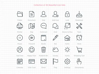 30 Beautiful Icon Sets comment download event file icons ios line icons note pen play settings user
