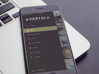 Coffee shop app brown coffee dark grey menu navigation side menu