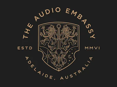 The Audio Embassy Crest boar crest lion shield sword