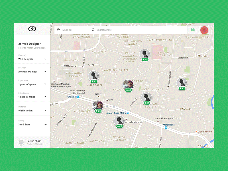 Location Based Artist Search artist design designer filter flat icons interface map search ui ux