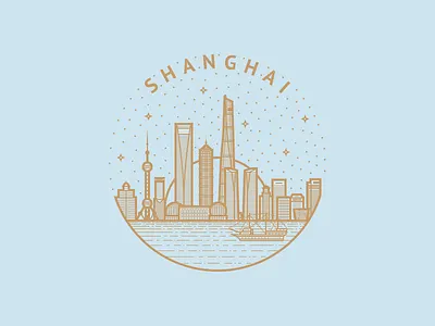 A tribute to Shanghai buildings city illustration logo outline seal shanghai ship skyscrapers stars sun water