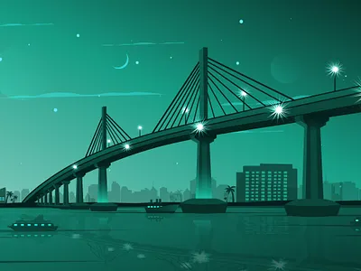 Basra bridge app illustration basra boats bridge city illustration landmark moon night city palm trees ships skyline tour travel vector website illustration